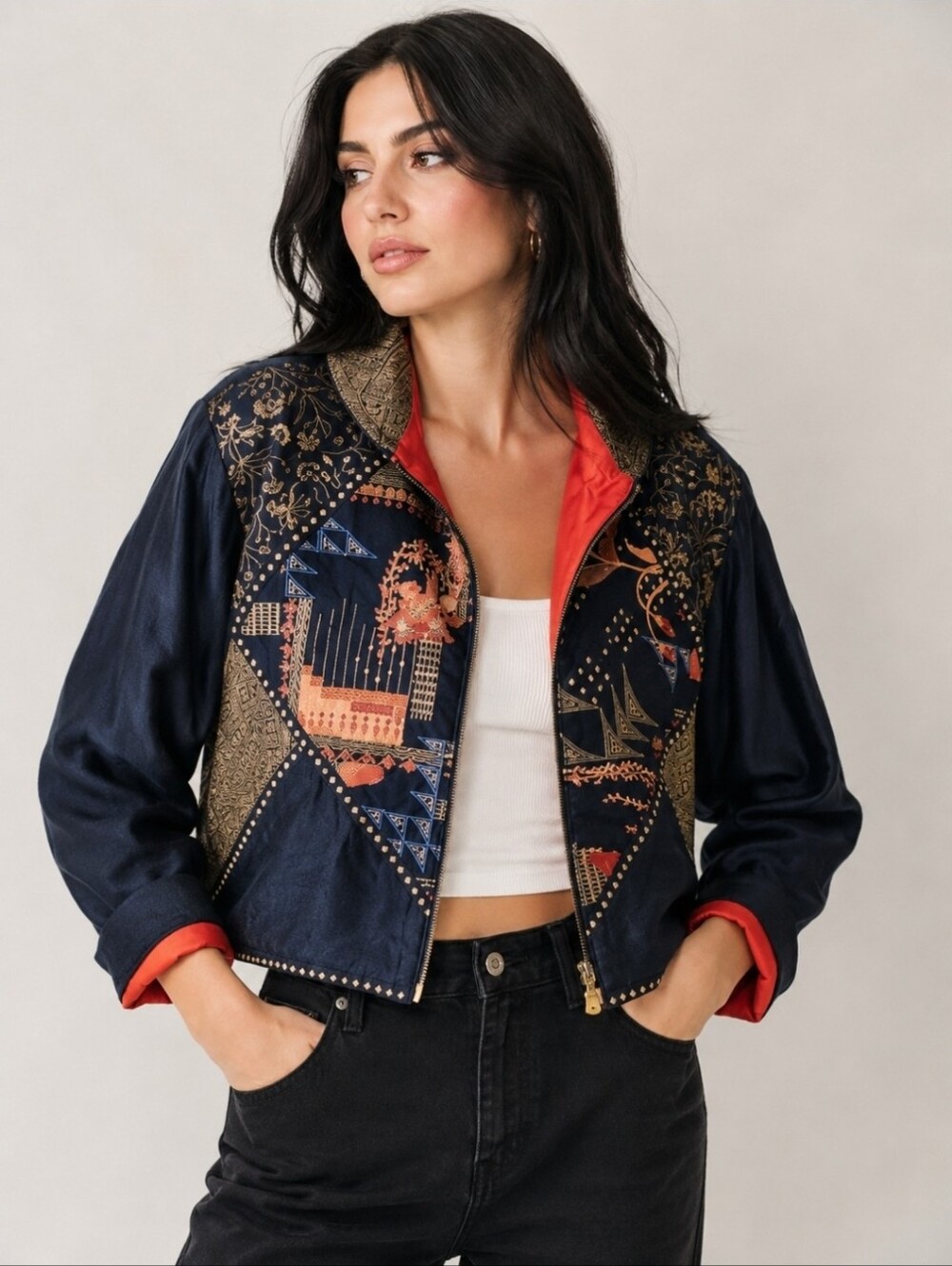 Vintage Dorothy Schoelen Platinum Wearable Art Tapestry Cropped Bomber Jacket 90